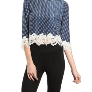 Blue blouse with small white polka dots & white lace at bottom