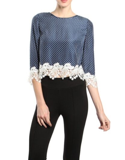 Blue blouse with small white polka dots & white lace at bottom