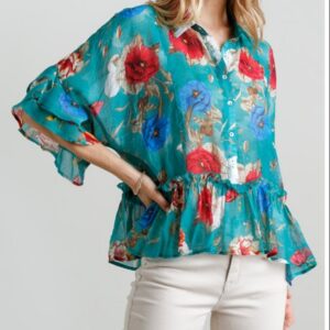 Umgee Jade flower button top - sheer