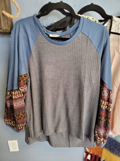 Charcoal top with Aztec print puff long sleeves - Image 2