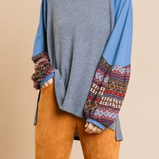 Charcoal top with Aztec print puff long sleeves
