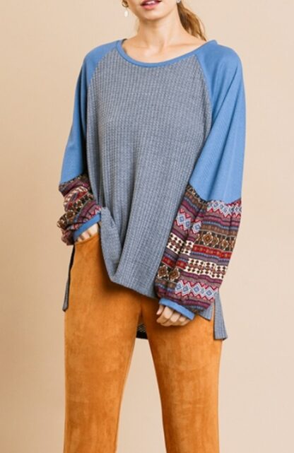 Charcoal top with Aztec print puff long sleeves