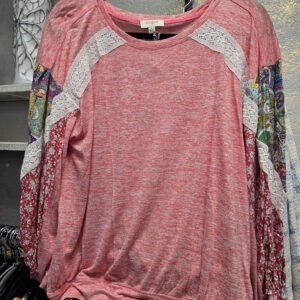 Coral top with mix print and lace sleeves