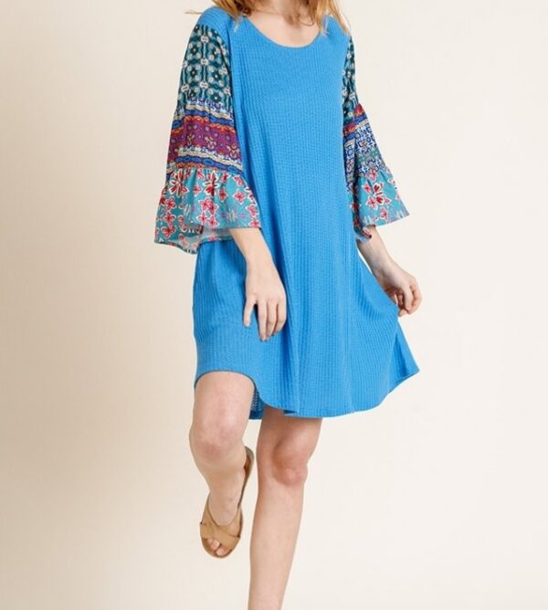 Cyan blue mix knit dress with pockets - Image 2