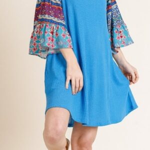 Cyan blue mix knit dress with pockets