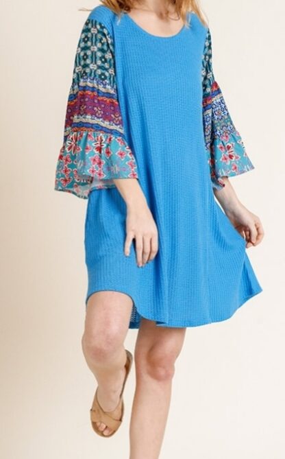 Cyan blue mix knit dress with pockets