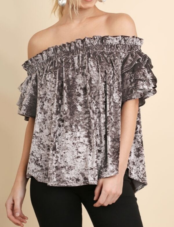 Titanium velvet top with Layered ruffle sleeves