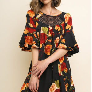 Orange/red flowers on black dress