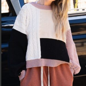 Dusty rose, white, cream, black sweater