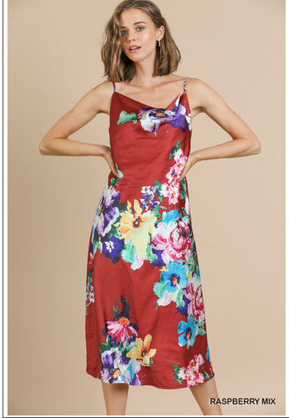 Large flower red strap dress