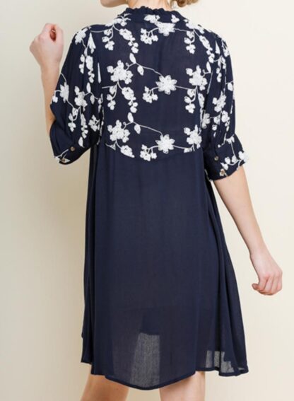 Navy dress with embroidered white flowers - Image 2